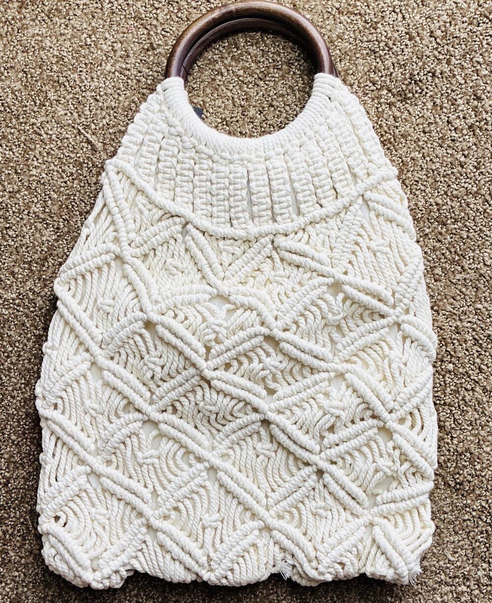Ivory Macramae Satchel Purse Bag Wooden Handles Boho Crossbody Hippie Retro